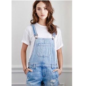 Distressed Denim Overall Shorts